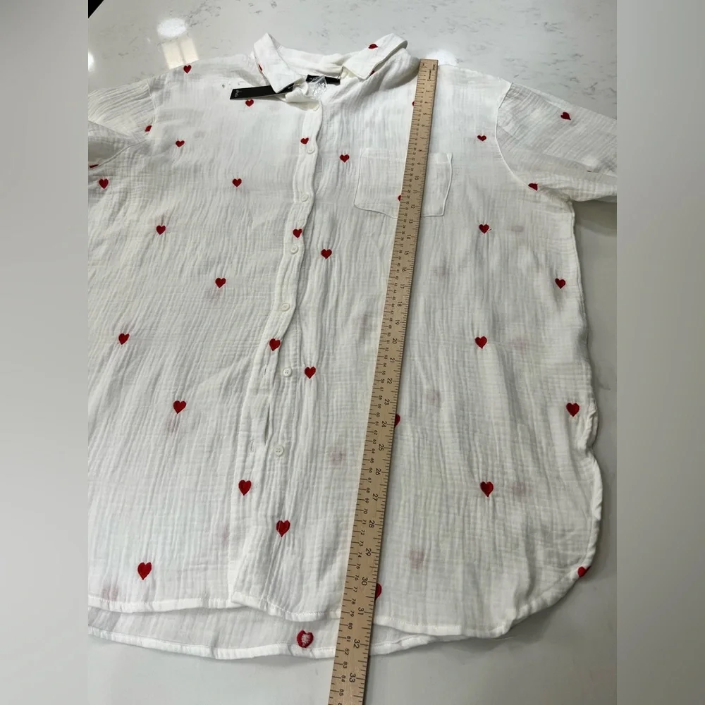 White Button-Up Shirt with Red Heart Accents - Picture 9 of 12